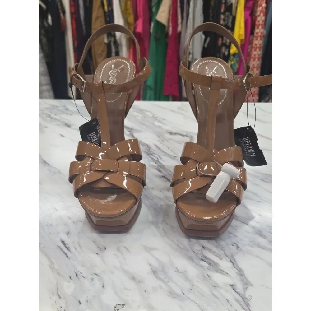 Yves Saint Laurent Patent Platform Sandal - Tan